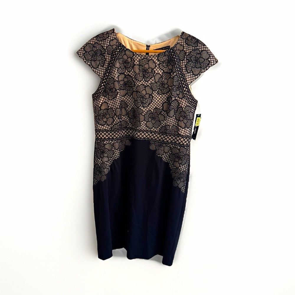 Antonio Melani Womens 14 Navy Nude Lace Floral Pencil Dress Cap Sleeve Knee